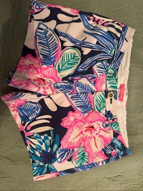 Lilly Pulitzer Tropical Floral High-Rise Shorts - Pink, Blue & Green